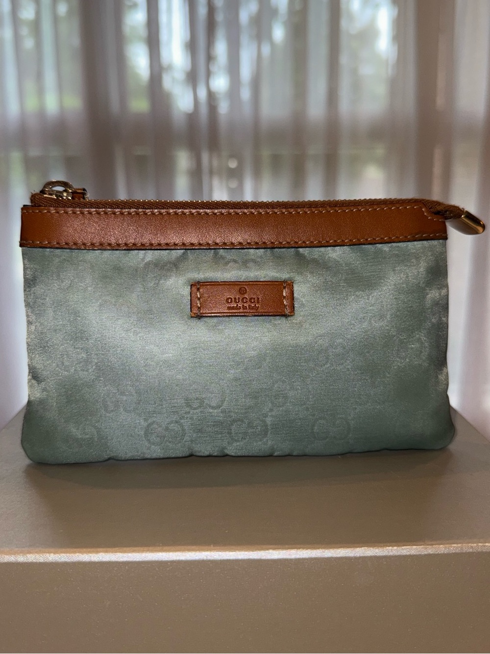 Gucci Green Nylon & Brown Leather Zip Pouch